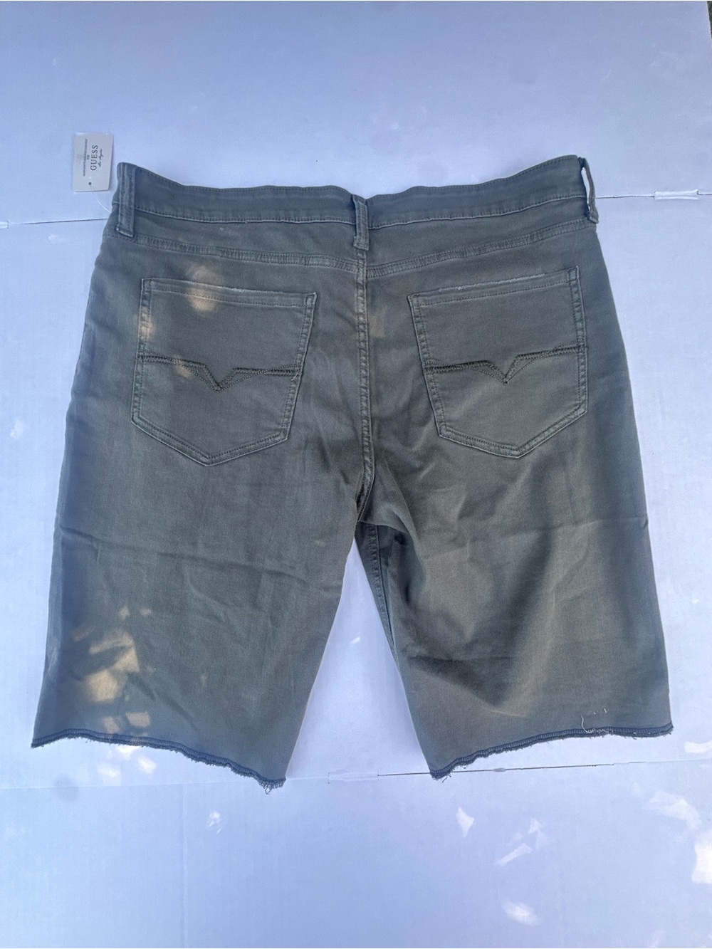 GUESS Men's Olive Green Distressed Denim Shorts - Picture 5 of 9